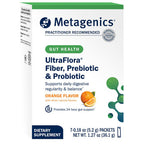 Metagenics UltraFlora supplement box for gut health with orange flavor on a white background