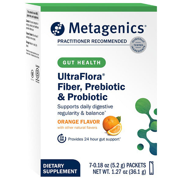 Metagenics UltraFlora supplement box for gut health with orange flavor on a white background