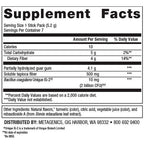 Supplement facts label with nutritional information on a white background