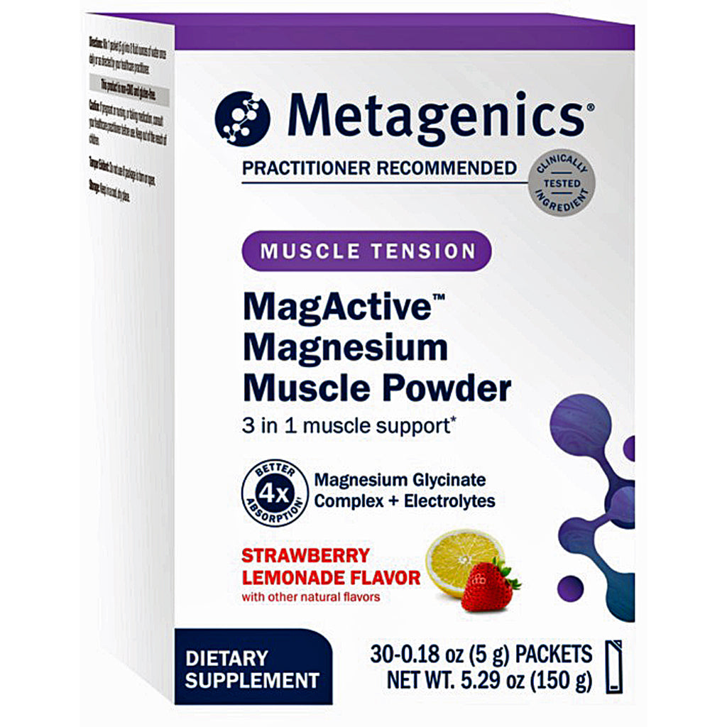 Metagenics MagActive Magnesium Muscle Powder in Strawberry Lemonade Flavor, 30 packets (5g) in a white and purple box.