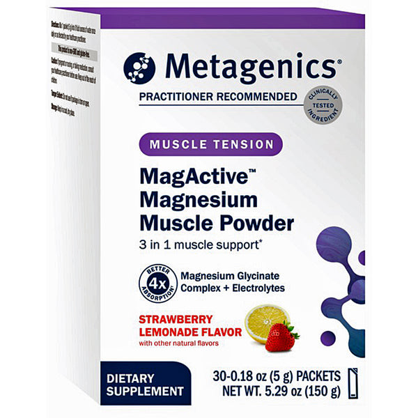 Metagenics MagActive Magnesium Muscle Powder in Strawberry Lemonade Flavor, 30 packets (5g) in a white and purple box.