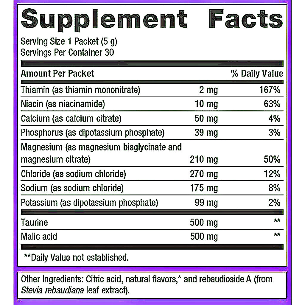 A supplement facts label with a white background, black text, and a purple border. The label shows a supplement packet with listed nutrients including Thiamin, Niacin, Calcium, Phosphorus, Magnesium, Chloride, Sodium, Potassium, Taurine, and Malic acid, along with daily value percentages.