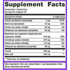 A supplement facts label with a white background, black text, and a purple border. The label shows a supplement packet with listed nutrients including Thiamin, Niacin, Calcium, Phosphorus, Magnesium, Chloride, Sodium, Potassium, Taurine, and Malic acid, along with daily value percentages.