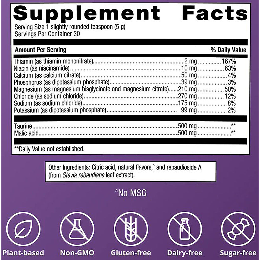 Supplement facts label with detailed nutritional information on a purple background