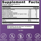 Supplement facts label with detailed nutritional information on a purple background