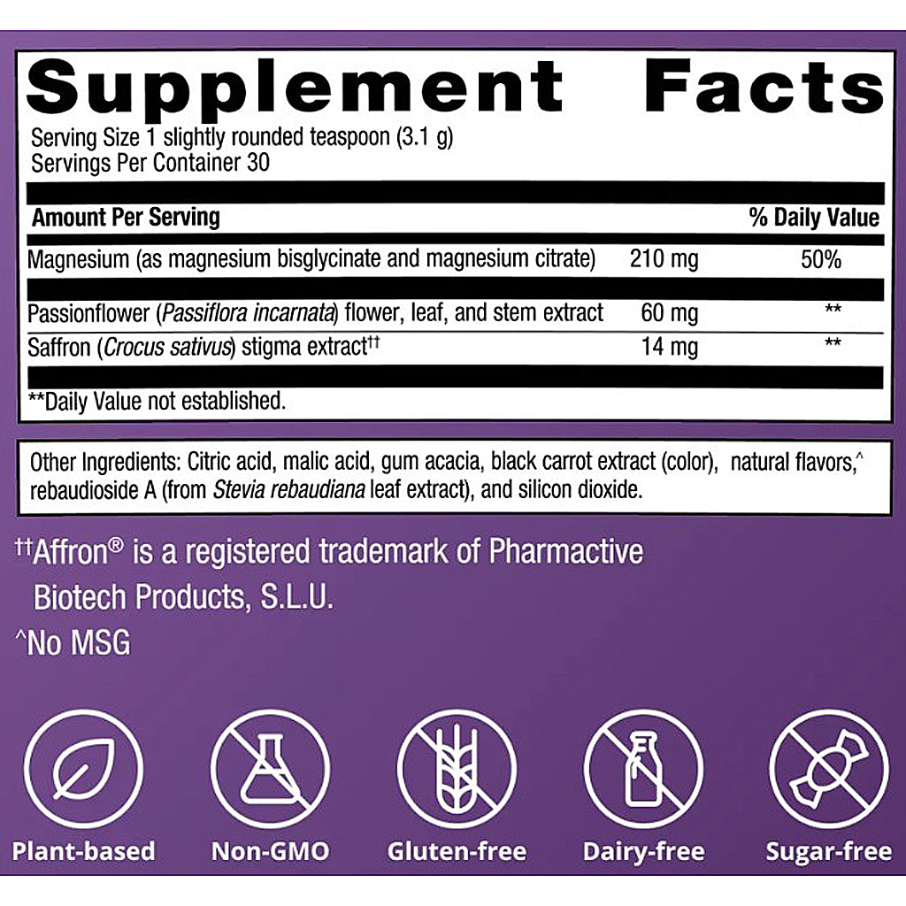 Supplement facts label with purple background and white text