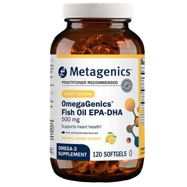 Metagenics OmegaGenics Fish Oil EPA-DHA supplement bottle on a white background