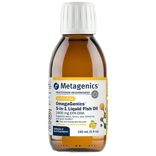 Metagenics OmegaGenics 5-in-1 Liquid Fish Oil bottle on a white background
