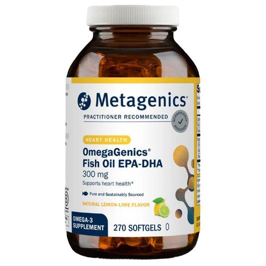 Metagenics OmegaGenics Fish Oil EPA-DHA supplement bottle on a white background