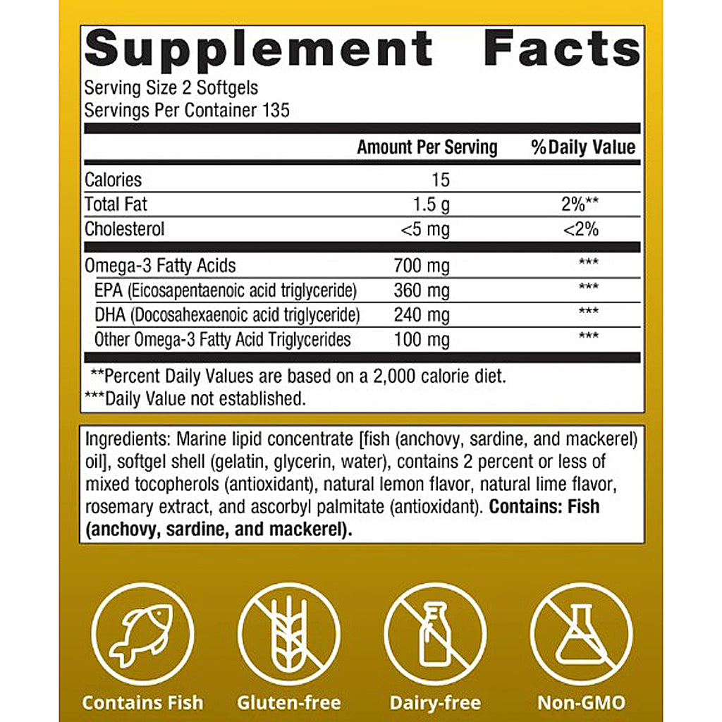 Supplement facts label with nutritional information and icons on a yellow background