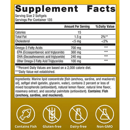 Supplement facts label with nutritional information and icons on a yellow background