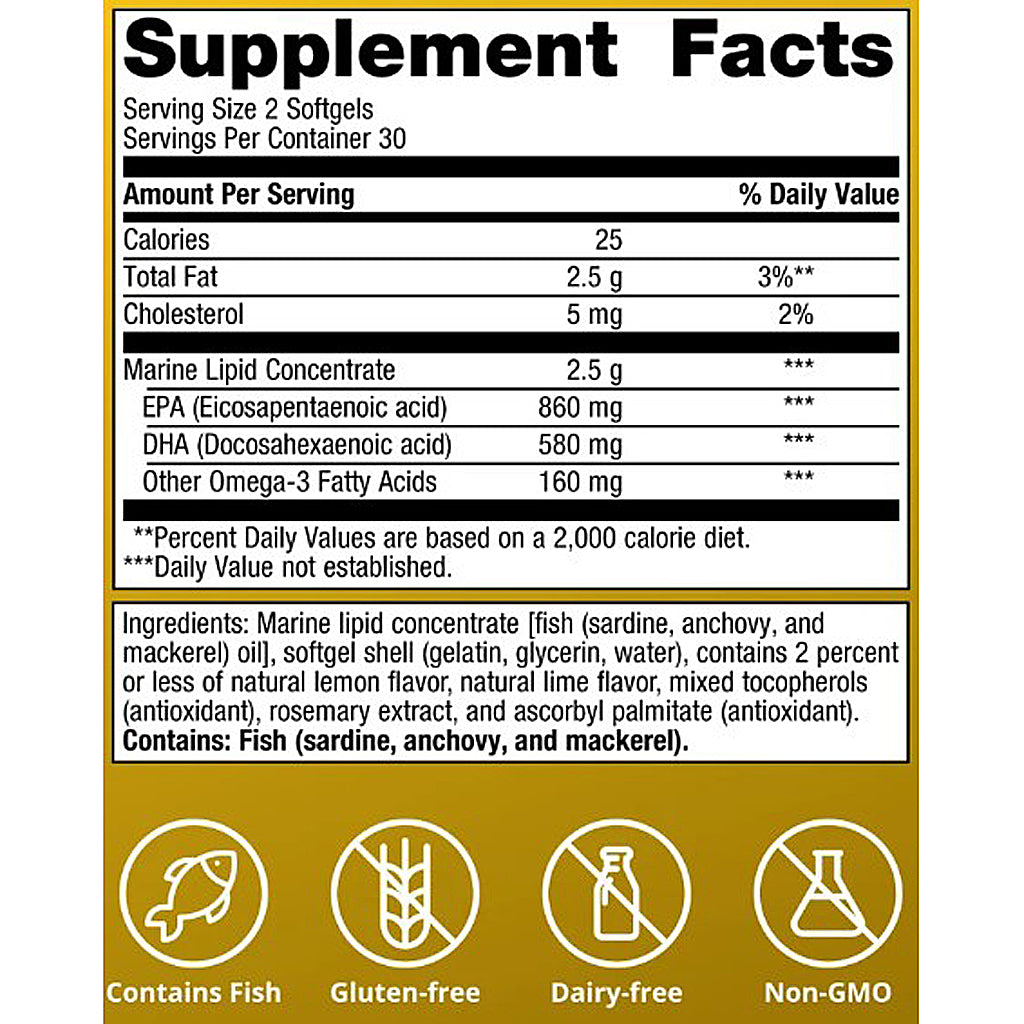 Supplement facts label with nutritional information and ingredient list on a yellow background