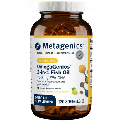 Metagenics OmegaGenics 3-in-1 Fish Oil supplement bottle on a white background