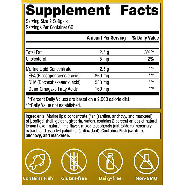 Supplement facts label with nutritional information on a yellow background