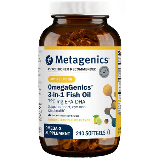 Metagenics OmegaGenics 3-in-1 Fish Oil supplement bottle on a white background