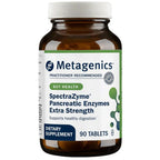 A bottle of Metagenics SpectraZyme Pancreatic Enzymes Extra Strength dietary supplement, containing 90 tablets, shown on a plain white background.