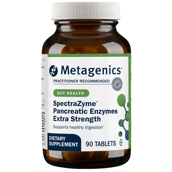 A bottle of Metagenics SpectraZyme Pancreatic Enzymes Extra Strength dietary supplement, containing 90 tablets, shown on a plain white background.
