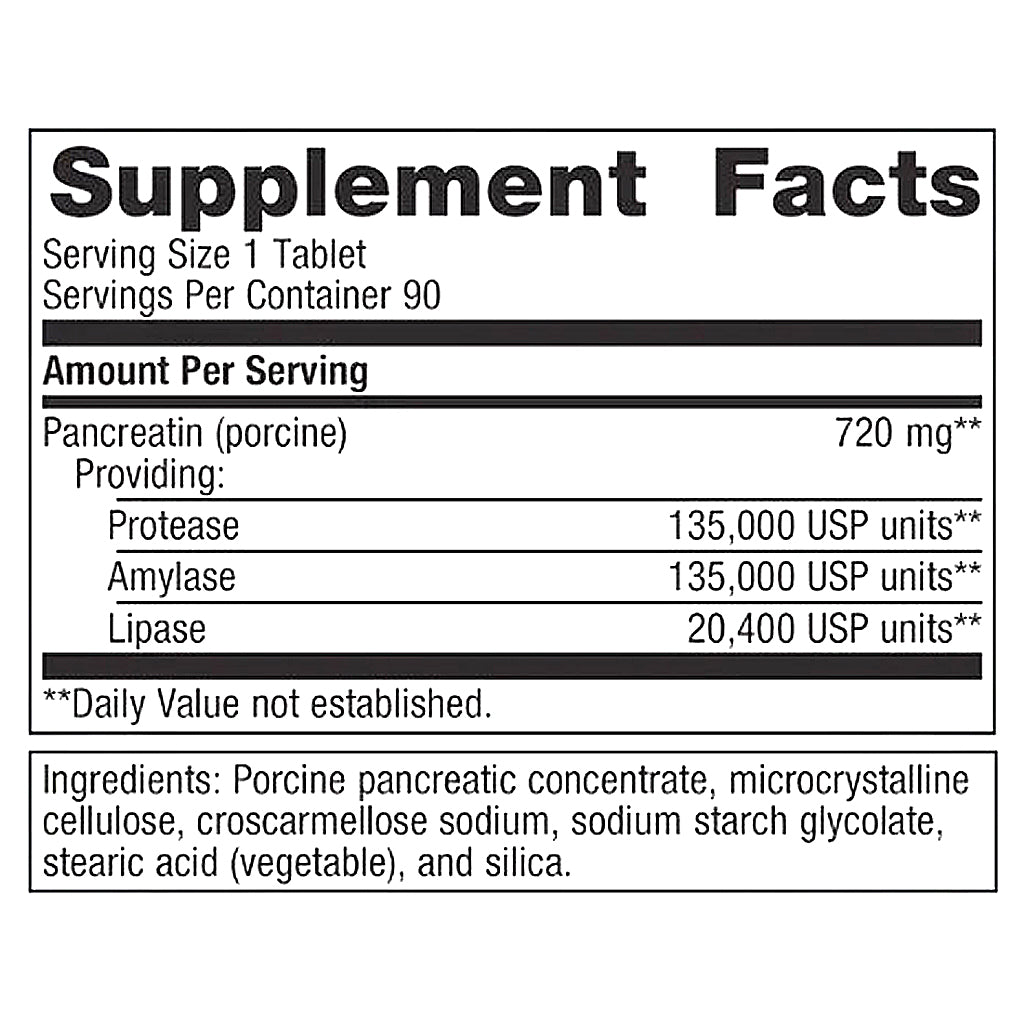 A Supplement Facts label showing pancreatin (porcine) with serving size 1 tablet, 90 servings per container, and listed ingredients including porcine pancreatic concentrate, microcrystalline cellulose, croscarmelose sodium, sodium starch glycolate, stearic acid (vegetable), and silica.