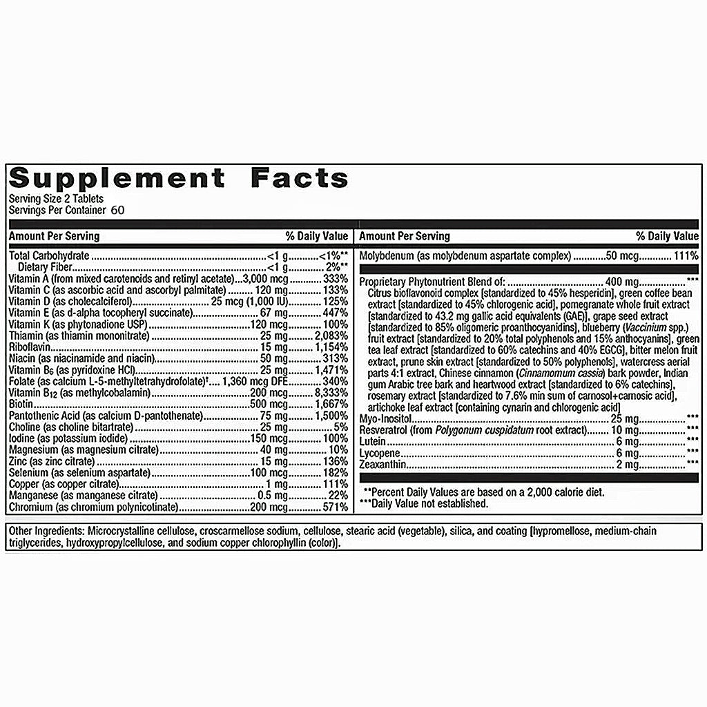 A Supplement Facts label from a 60-count serving size of 2-tablet product, showing a detailed list of nutrients and ingredients in a black text box on a white background.