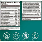 A supplement facts label for a plant-based protein powder blend. The top half contains a white table with serving size, calories, and a detailed list of nutrients and ingredients.