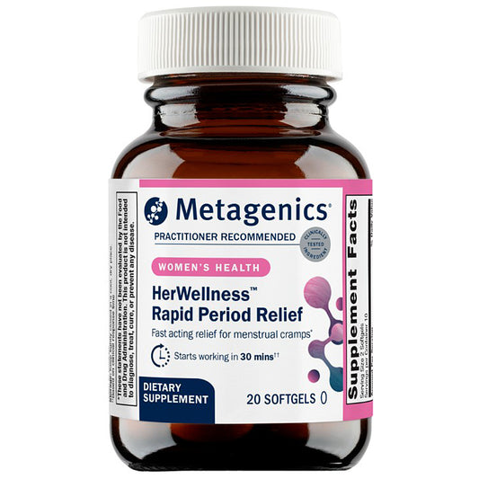 Metagenics HerWellness Rapid Period Relief dietary supplement bottle on a white background