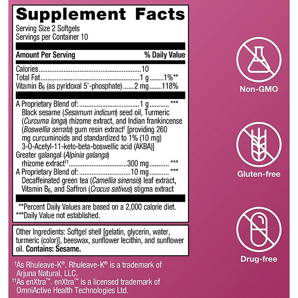 Supplement facts label with nutritional information and certification icons on a pink background