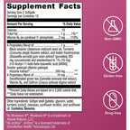 Supplement facts label with nutritional information and certification icons on a pink background
