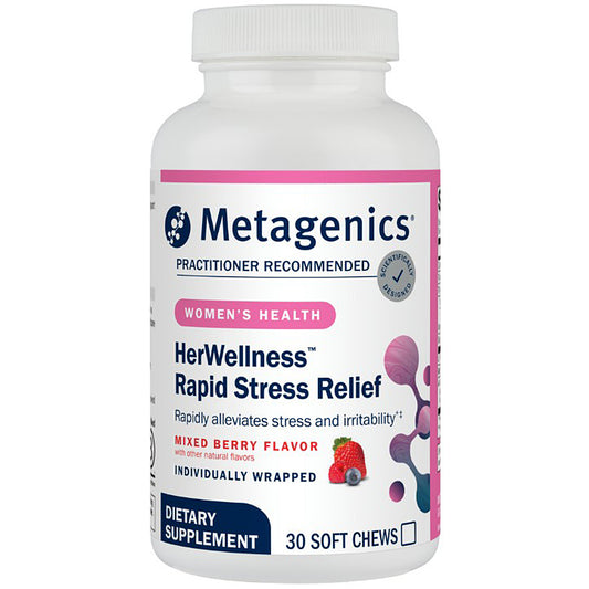 Metagenics HerWellness Rapid Stress Relief supplement bottle on a white background