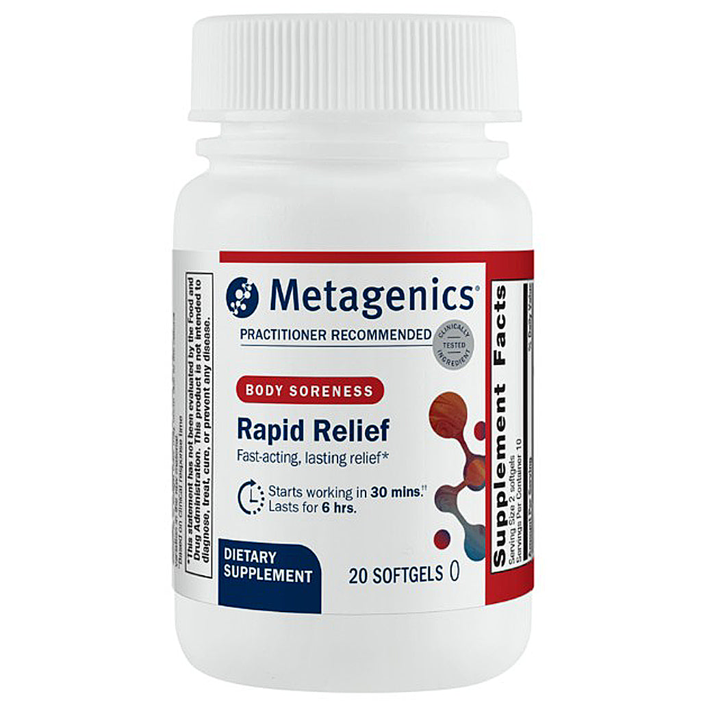 Metagenics Rapid Relief dietary supplement bottle on a white background
