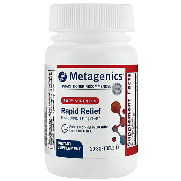 Metagenics Rapid Relief dietary supplement bottle on a white background