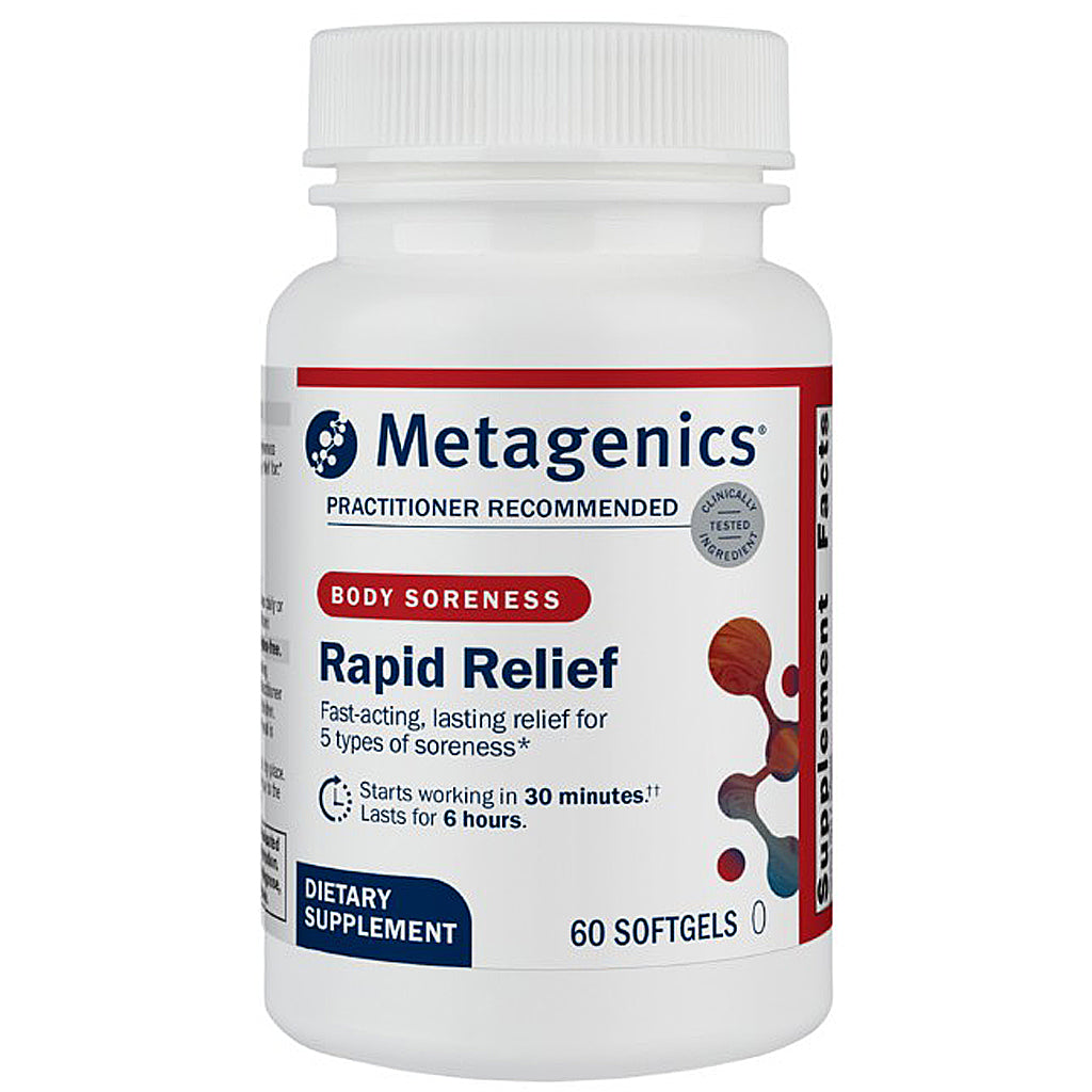 Metagenics Rapid Relief dietary supplement bottle on a white background