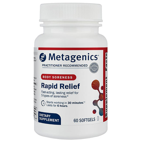Metagenics Rapid Relief dietary supplement bottle on a white background