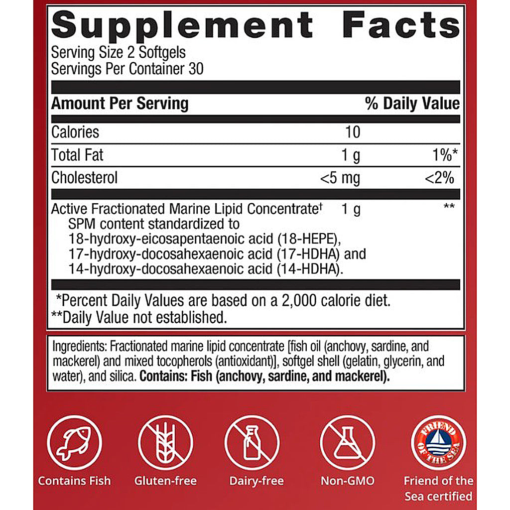 Supplement facts label with nutritional information and certification logos on a red background