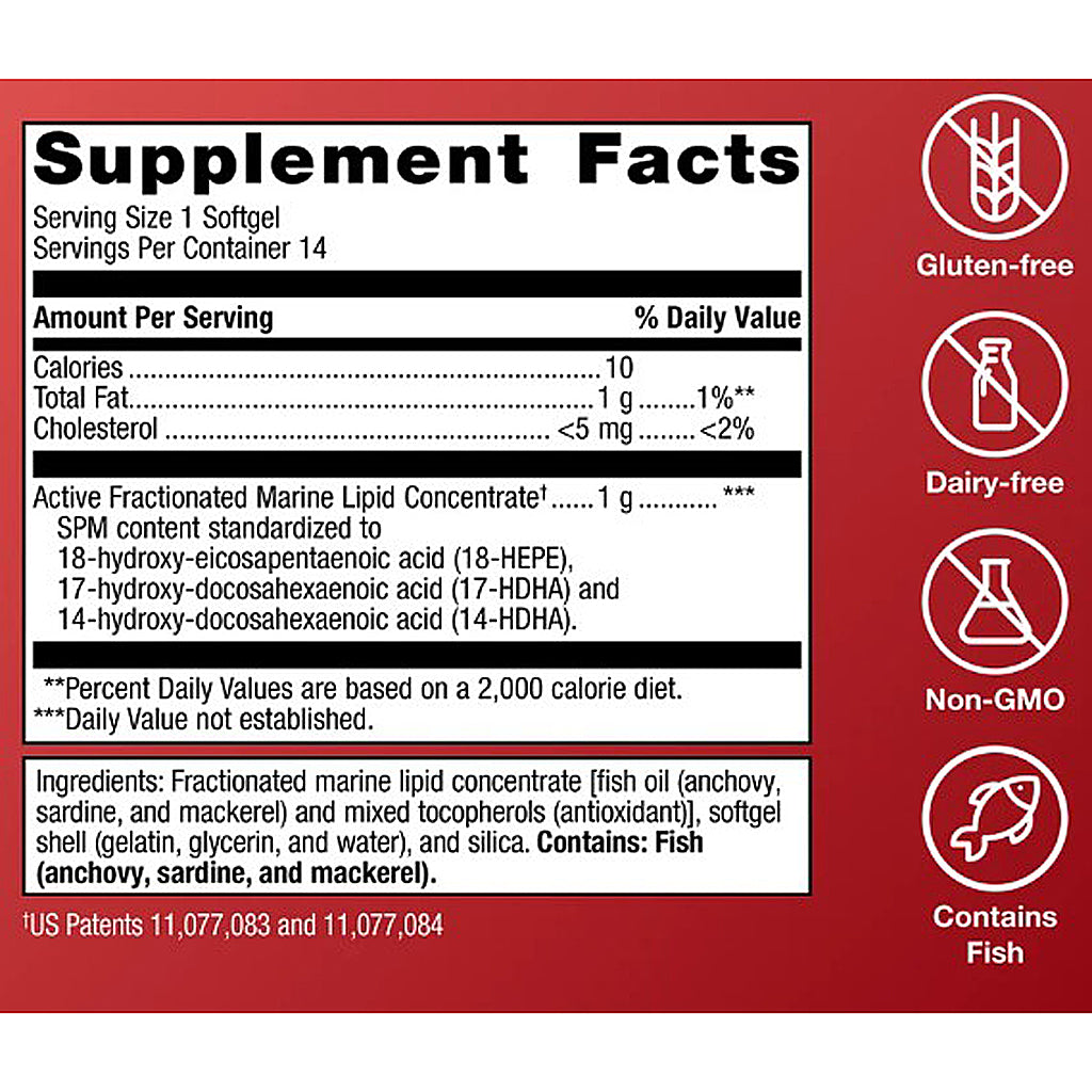 Supplement facts label with icons indicating gluten-free, dairy-free, non-GMO, and fish content on a red background.