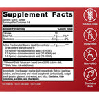 Supplement facts label with icons indicating gluten-free, dairy-free, non-GMO, and fish content on a red background.