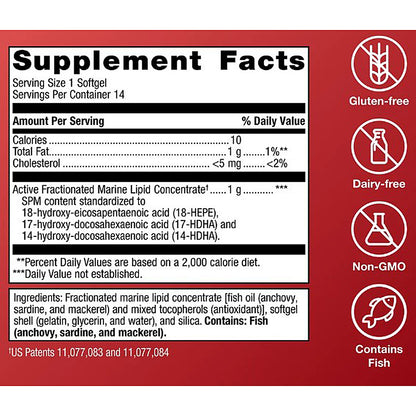 Supplement facts label with icons indicating gluten-free, dairy-free, non-GMO, and fish content on a red background.