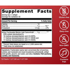 Supplement facts label with icons for gluten-free, dairy-free, non-GMO, and contains fish on a red background.