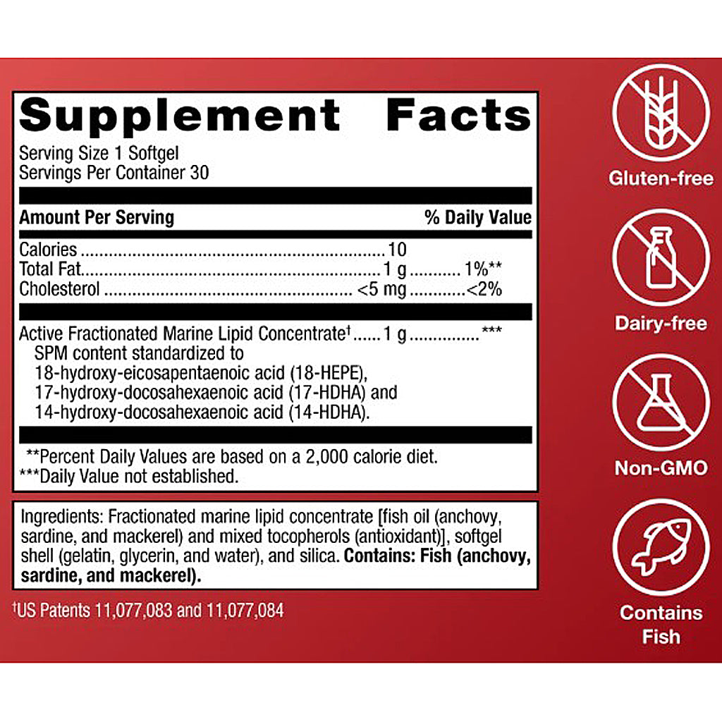 Supplement facts label with icons for gluten-free, dairy-free, non-GMO, and contains fish on a red background.