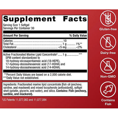 Supplement facts label with icons for gluten-free, dairy-free, non-GMO, and contains fish on a red background.