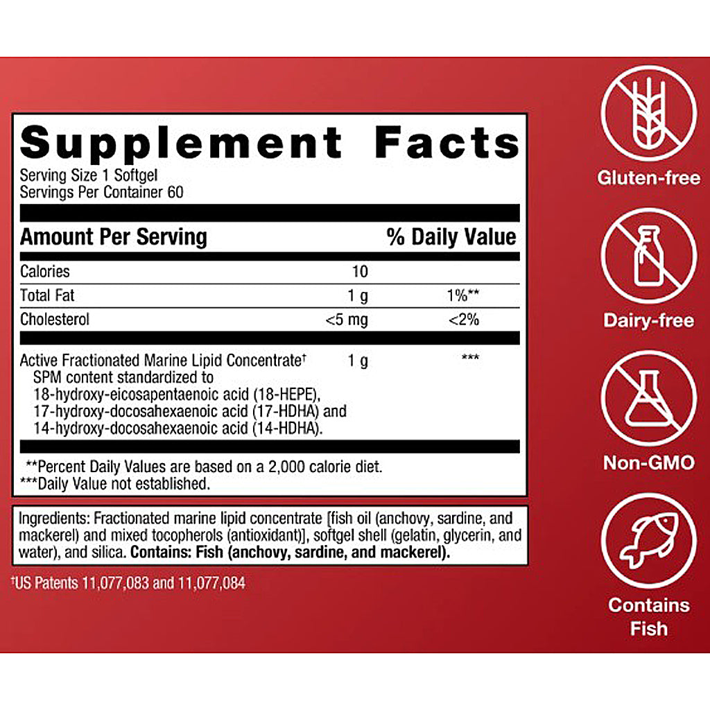 Supplement facts label with icons for gluten-free, dairy-free, non-GMO, and contains fish on a red background.