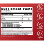 Supplement facts label with icons for gluten-free, dairy-free, non-GMO, and contains fish on a red background.