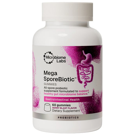 A white plastic bottle of Microbiome Labs Mega SporeBiotic Gummies, featuring a white cap and a label with pink and purple graphics, set against a plain white background.