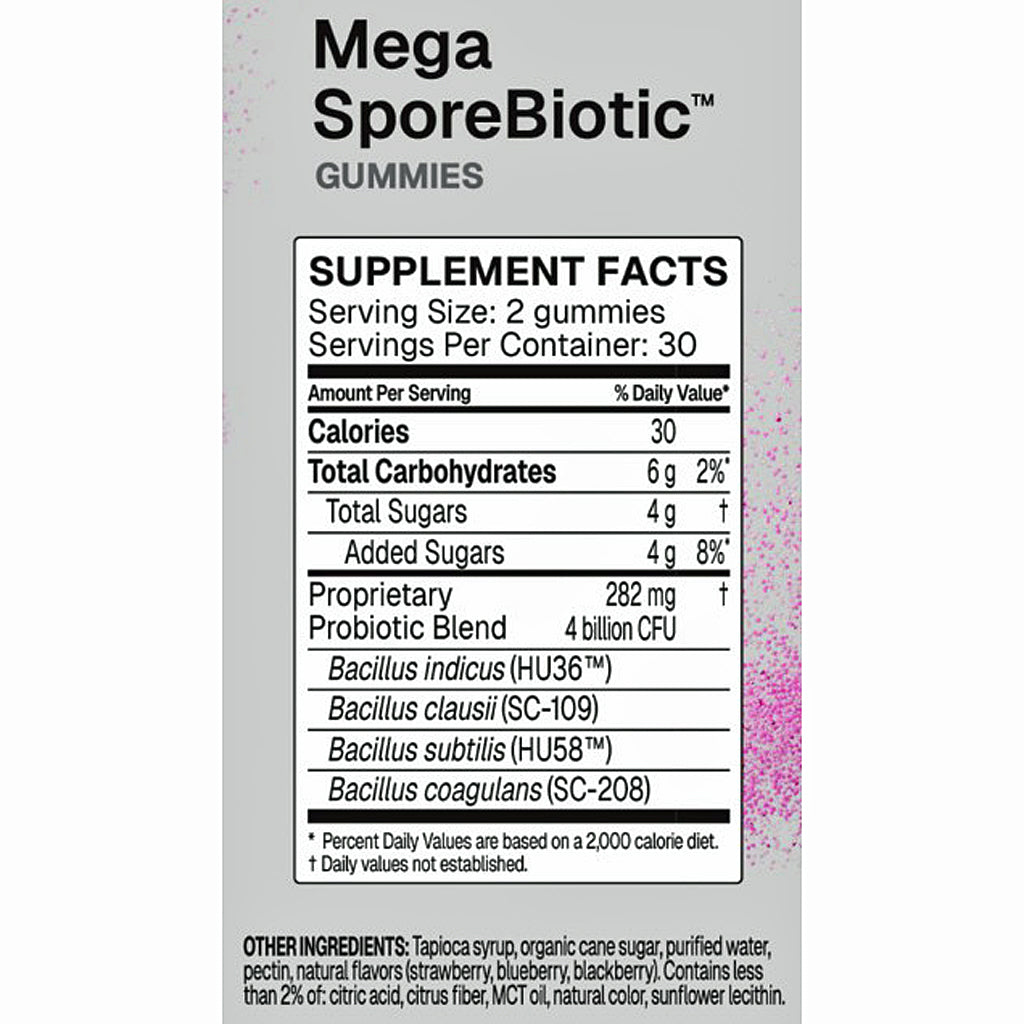A supplement facts label for Mega SporeBiotic Gummies, showing serving size 2 gummies, 30 servings per container, with a list of probiotic strains including Bacillus indicus, Bacillus clausi, Bacillus subtilis, and Bacillus coagulans. The label is black text on a white background with a gray vertical band and pink speckled side accents.