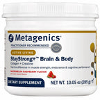 A white plastic tub of Metagenics StayStrong+ Brain & Body dietary supplement, featuring a white label with blue and gold text and graphics, including a small watermelon slice illustration indicating the flavor.