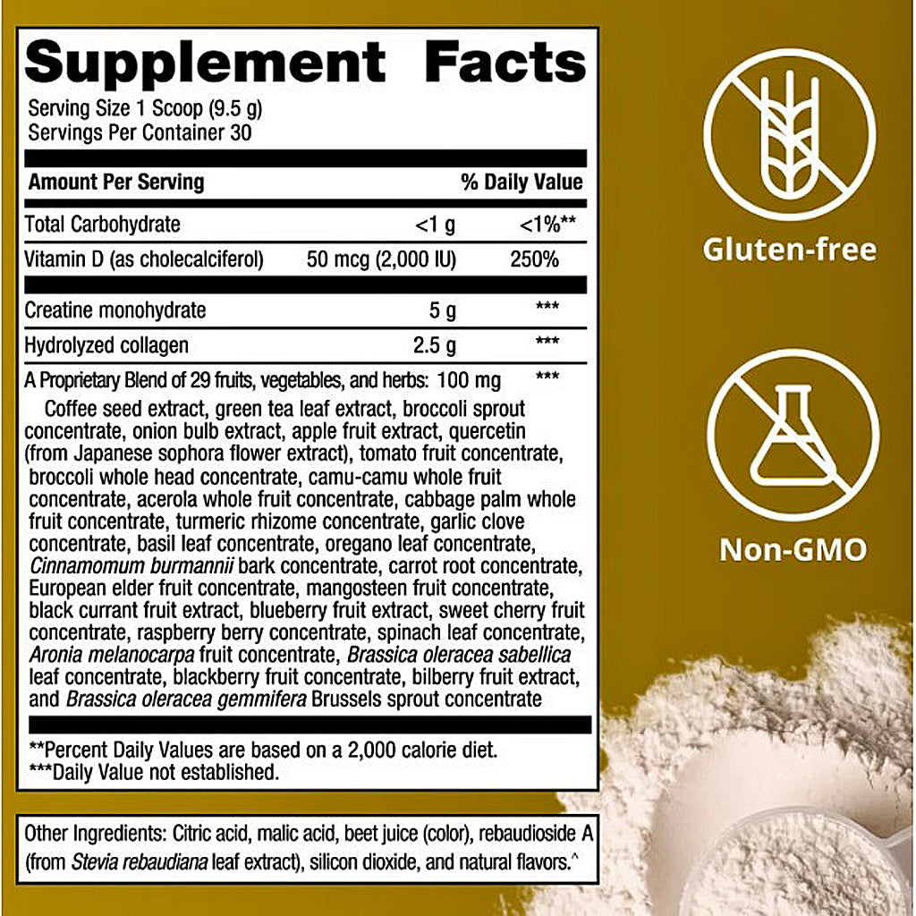 A supplement facts label with a white information panel on a brown background, alongside icons indicating Gluten-Free and Non-GMO status, with a small photo of a woman in a white dress at the bottom right.
