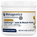 A white plastic tub of Metagenics StayStrong+ Joint & Muscle Powder dietary supplement on a plain white background.