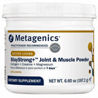 A white plastic tub of Metagenics StayStrong+ Joint & Muscle Powder dietary supplement on a plain white background.