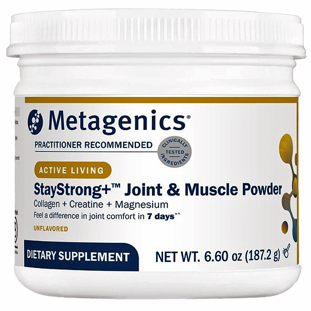 A white plastic tub of Metagenics StayStrong+ Joint & Muscle Powder dietary supplement on a plain white background.