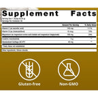 A supplement facts label with a white header reading 'Supplement Facts' and a brown background below, listing nutrients such as Vitamin C, Vitamin D, and Magnesium. Two circular icons at the bottom say 'Gluten-free' and 'Non-GMO' with crossed-out wheat and GMO flask symbols.