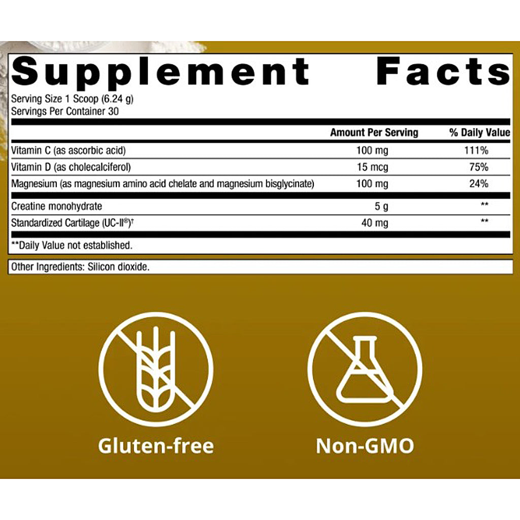 A supplement facts label with a white header reading 'Supplement Facts' and a brown background below, listing nutrients such as Vitamin C, Vitamin D, and Magnesium. Two circular icons at the bottom say 'Gluten-free' and 'Non-GMO' with crossed-out wheat and GMO flask symbols.